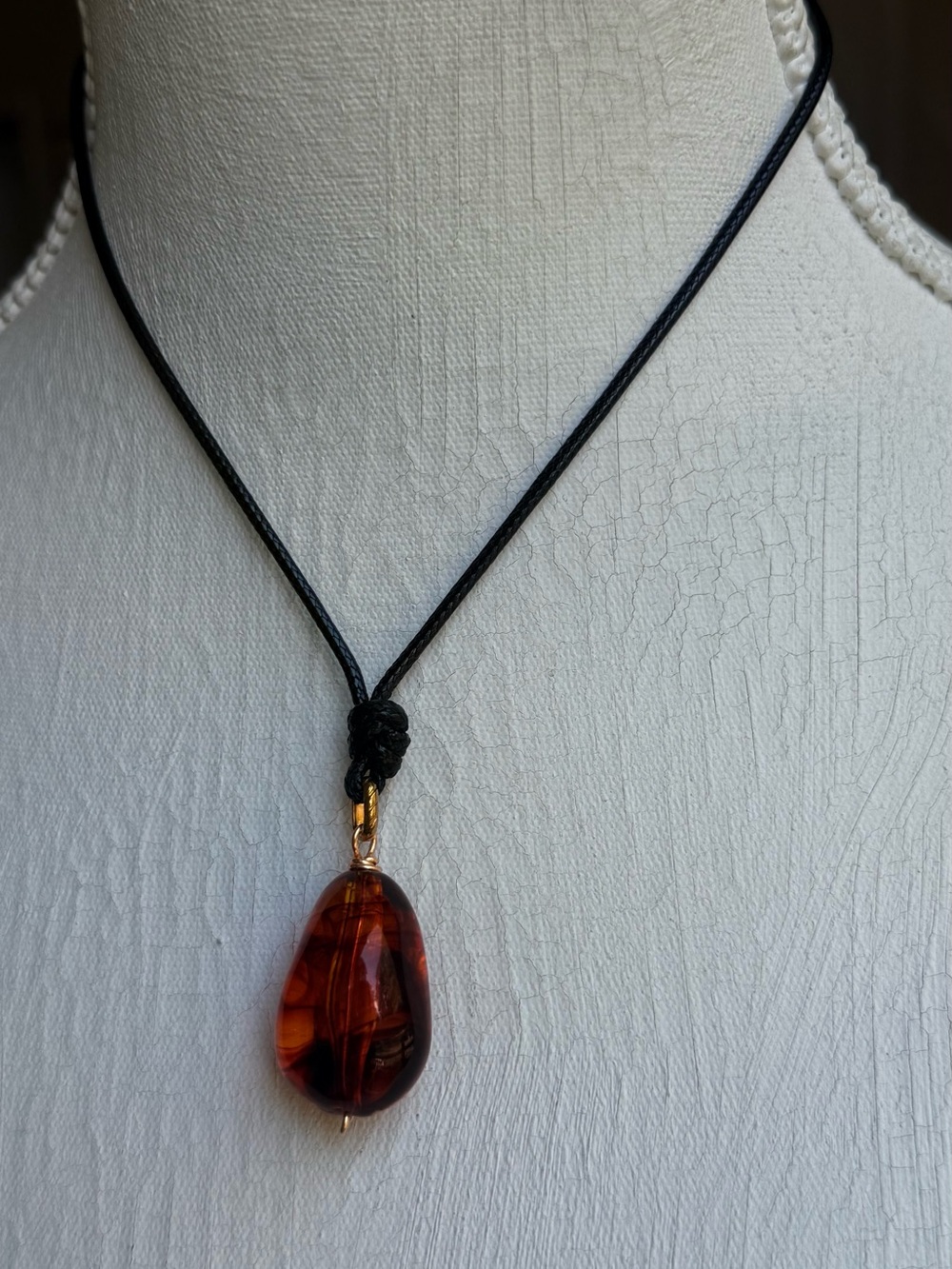 Genuine Baltic Amber Drop Pendant, Hand-Wrapped Wire Stone on Black Minimalist C